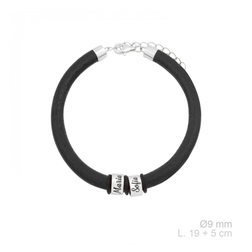 Pulsera Plata Hombre Con Cuero Y Dos Nombres Girbes Joyas