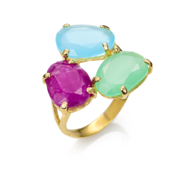 *Anillo Tricolor en Plata chapada "Verde, Aguamarina y Fucsia"