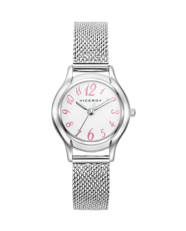 Reloj de niña Sweet con malla milanesa de acero y números color rosa