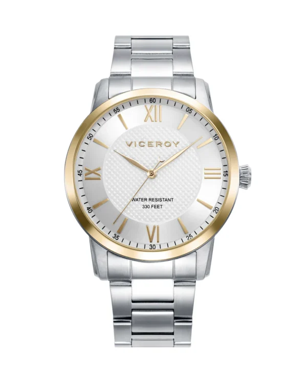 Reloj de acero con esfera blanca de números romanos y bisel dorado 41145-83