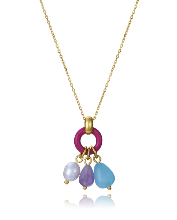 Collar de plata de primera ley con baño de oro, aro con esmalte y piedras colgantes naturales