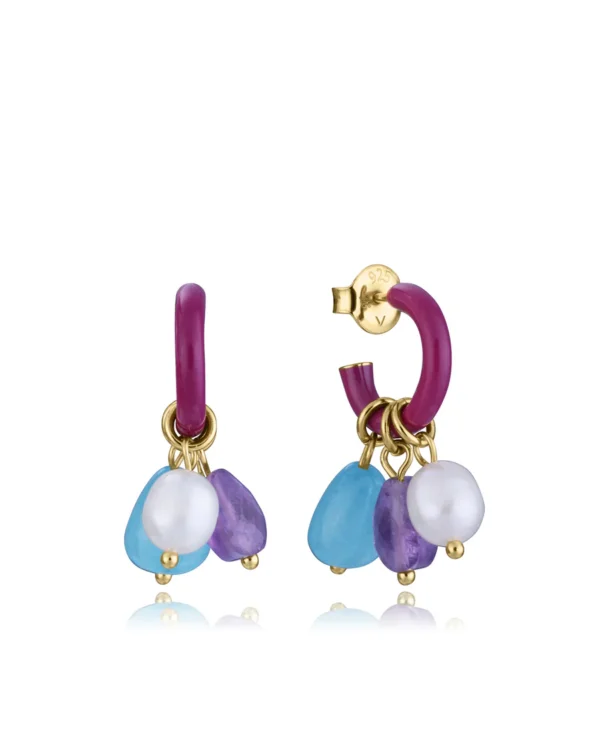 Pendientes de plata de primera ley con baño de oro, aro con esmalte y piedras colgantes naturales
