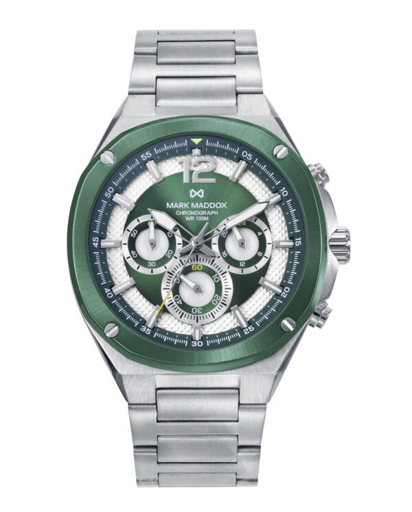 Reloj caja bitono de acero e Ip verde 10 Atm, brazalete de acero, movimiento cuarzo
