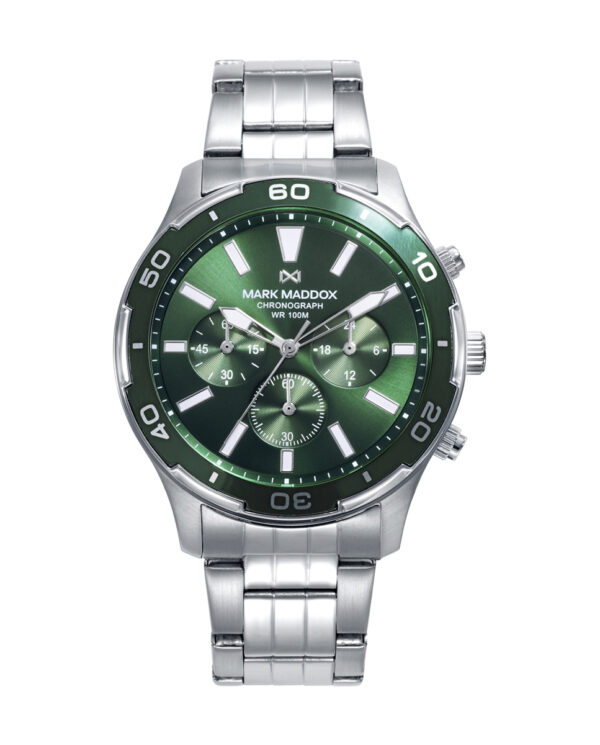 Reloj caja de acero con bisel verde 10 atm y brazalete de acero con movimiento cuarzo