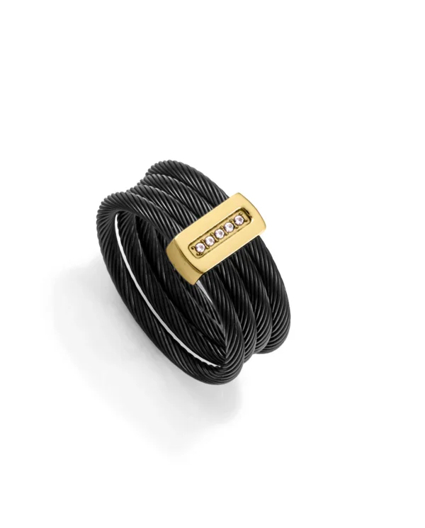 Anillo de mujer de acero Ip negro y dorado múltiples cables unidos con barra con circonitas