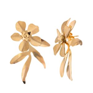 PENDIENTES PLATA CHAPADO DORADO FLOR PETALOS DIAMANTADOS HOJAS LISAS