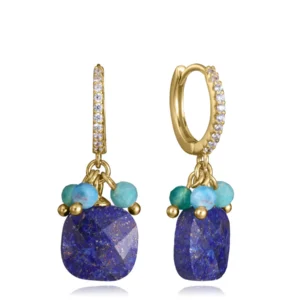 Pendientes de plata de primera ley con baño de oro, piedras naturales verdes y azules y circonitas blancas