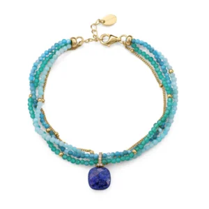 Pulsera de mujer en plata de primera ley con baño de oro múltiple, piedras naturales verdes y azules y circonitas blancas