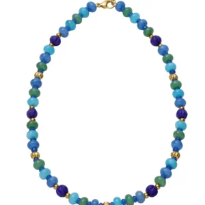 Collar de mujer en acero IP dorado con piedras y cristal azules y verdes