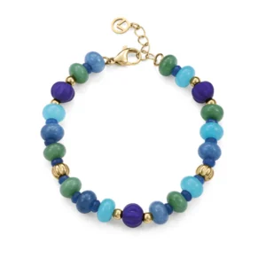 Pulsera de mujer en acero IP dorado con piedras y cristal azules y verdes