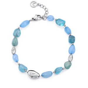 Pulsera de mujer en acero con apatita, aguamarina y aventurina verde