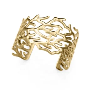Pulsera rígida abierta de mujer en acero IP dorado, con diseño calado de ramas y diámetro máximo de 6 cm