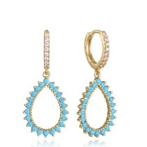 Pendientes de plata de primera ley con baño de oro, circonitas blancas y gota colgante con circonitas turquesas.