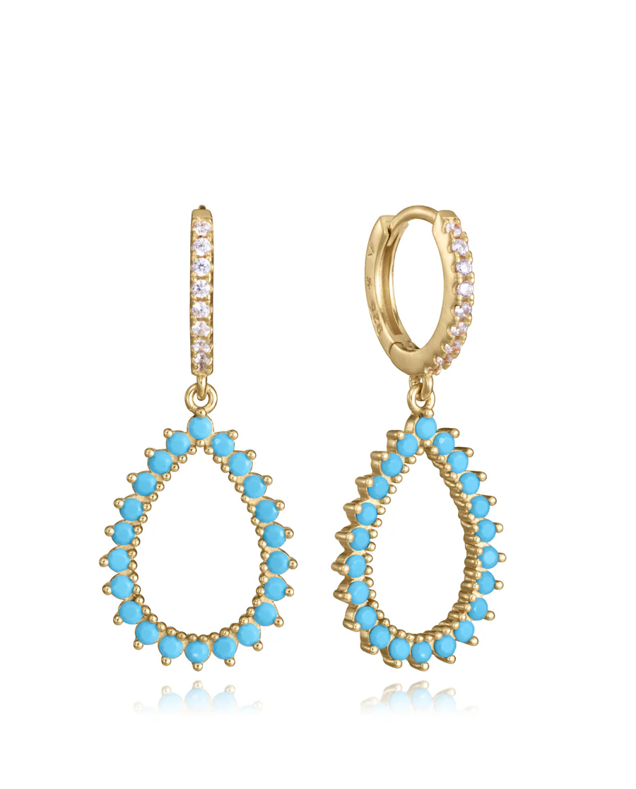 Pendientes de plata de primera ley con baño de oro, circonitas blancas y gota colgante con circonitas turquesas.