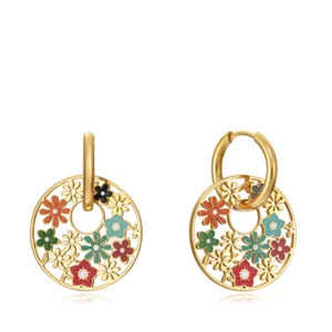 Pendientes Kiss de acero dorado con motivo de flores de colores