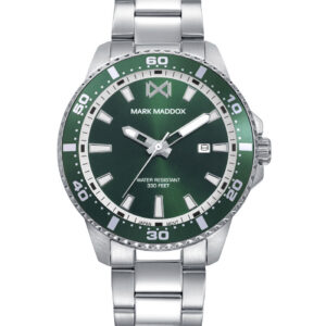 Reloj de hombre de acero con esfera verde, bisel de aluminio verde y brazalete de acero. Resistencia al agua de 10 ATM