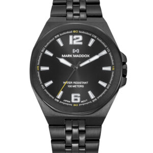Reloj de hombre en acero IP negro, con esfera negra, brazalete metálico a juego y resistencia al agua de 10 ATM