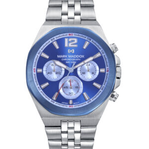 Reloj de hombre cronógrafo con caja y brazalete de acero, esfera azul y bisel IP azul. Resistencia al agua de 10 ATM