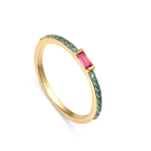 Anillo Elegant de plata de ley con baño de oro y circonitas de color verdes y rosa