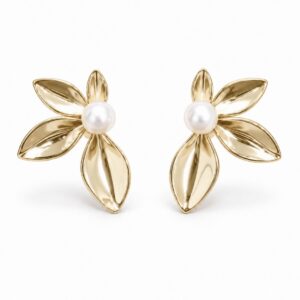 Pendientes dorados hojas y perla cultivada